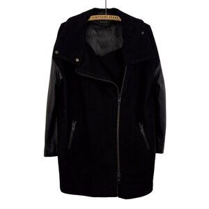 Mackage Black Wool Zip Winter Coat with Leather Sleeves XS